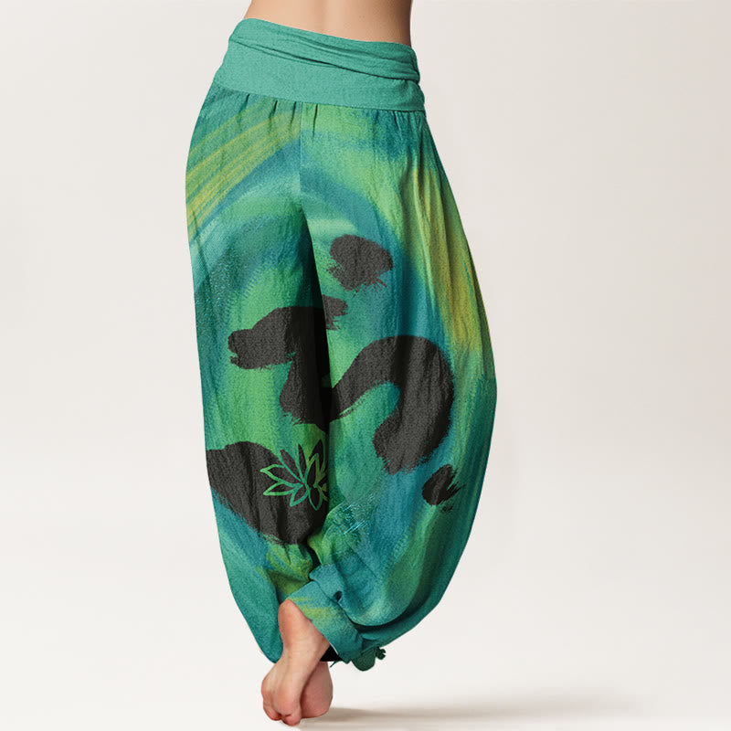 Pantalon harem à taille élastique pour femme, en coton, motif OM et fleur de lotus, orné de Buddha Stones - image 1