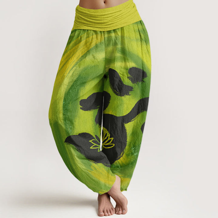Pantalon sarouel à taille élastique pour femme, motif Buddha Stones, symbole OM, fleur de lotus - JauneVert - US22，UK/AU26，EU54 (6XL) - image 8