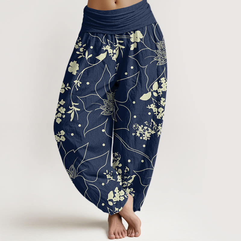 Pantalon harem femme en coton beige à motif de grandes fleurs et Buddha Stones , taille élastique - SteelBlue - US22，UK/AU26，EU54 (6XL) - image 0