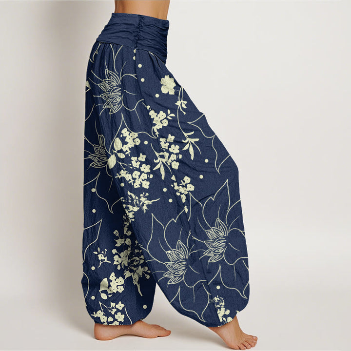 Pantalon harem femme en coton beige à motif de grandes fleurs et Buddha Stones , taille élastique - image 2