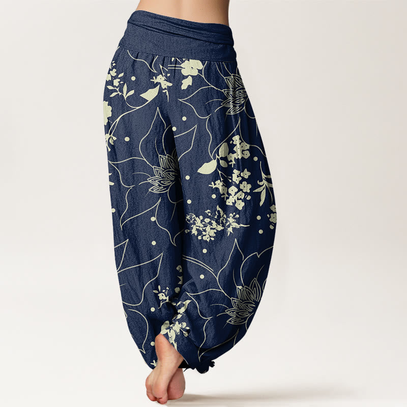 Pantalon harem femme en coton beige à motif de grandes fleurs et Buddha Stones , taille élastique - image 1