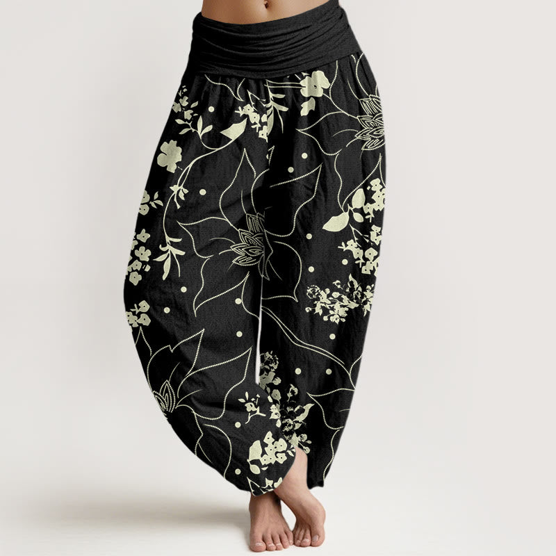Pantalon harem femme en coton beige à motif de grandes fleurs et Buddha Stones , taille élastique - Noir - US22，UK/AU26，EU54 (6XL) - image 4