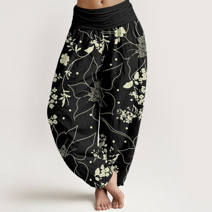 Pantalon harem femme en coton beige à motif de grandes fleurs et Buddha Stones , taille élastique - Noir - US22，UK/AU26，EU54 (6XL) - image 4