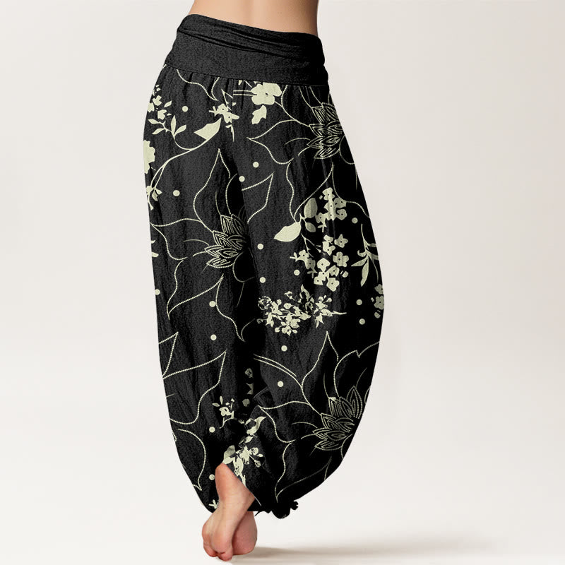 Pantalon sarouel beige à larges pétales de fleurs et Buddha Stones pour femme, taille élastique - image 5