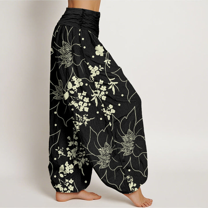 Pantalon sarouel beige à larges pétales de fleurs et Buddha Stones pour femme, taille élastique - image 7