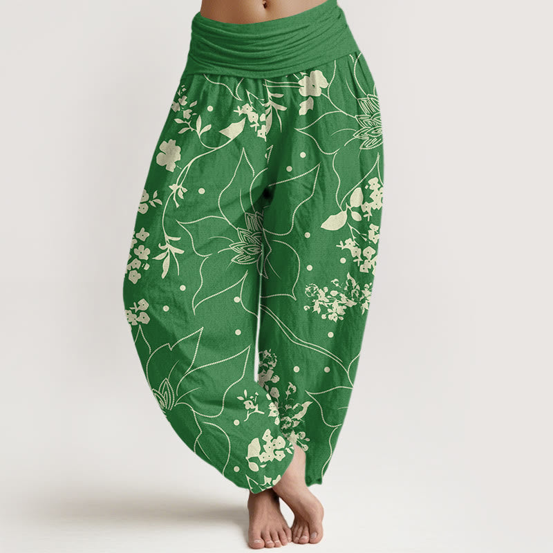Pantalon harem femme en coton beige à motif de grandes fleurs et Buddha Stones , taille élastique - Vert d'eau - US22，UK/AU26，EU54 (6XL) - image 7