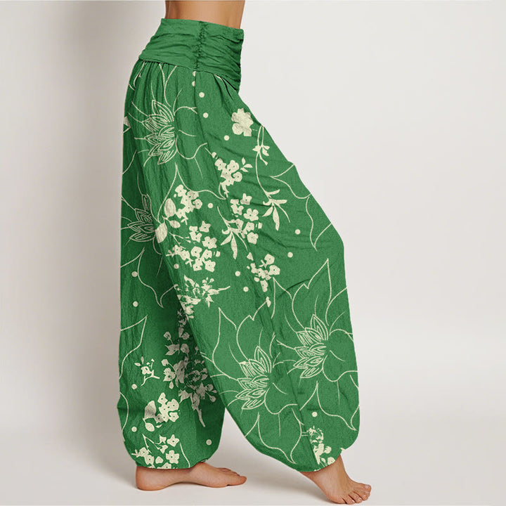 Pantalon harem femme en coton beige à motif de grandes fleurs et Buddha Stones , taille élastique - image 9