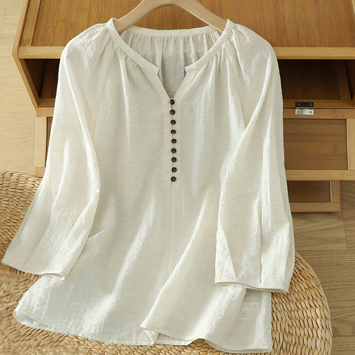 Chemise blanche unie à boutons et manches trois-quarts pour femme avec Buddha Stones