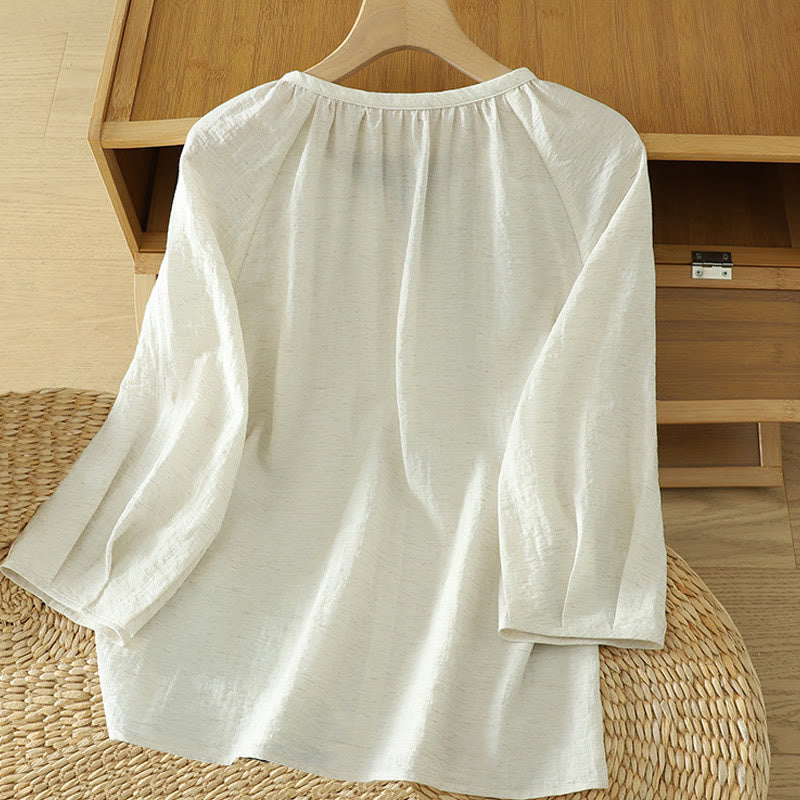Chemise blanche unie à boutons et manches trois-quarts pour femme avec Buddha Stones