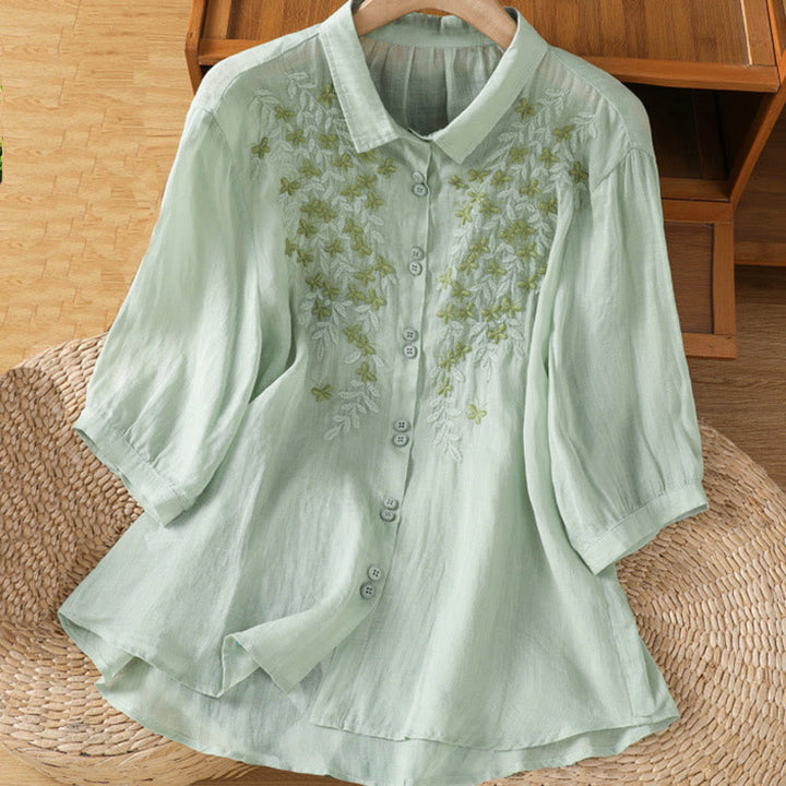 Chemise femme à manches mi-longues et boutons en coton brodés de feuilles et de Buddha Stones