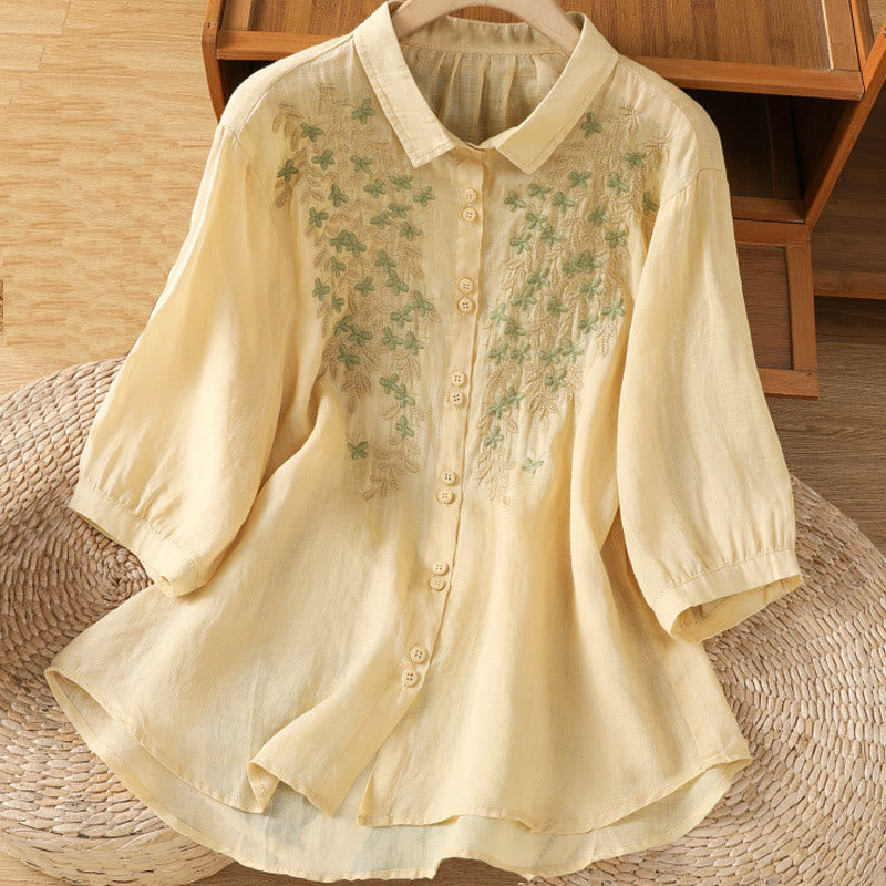 Chemise femme à manches mi-longues et boutons en coton brodés de feuilles et de Buddha Stones