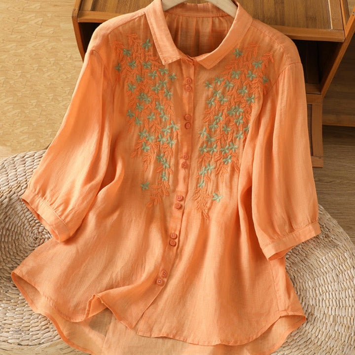 Chemise femme à manches mi-longues et boutons en coton brodés de feuilles et de Buddha Stones