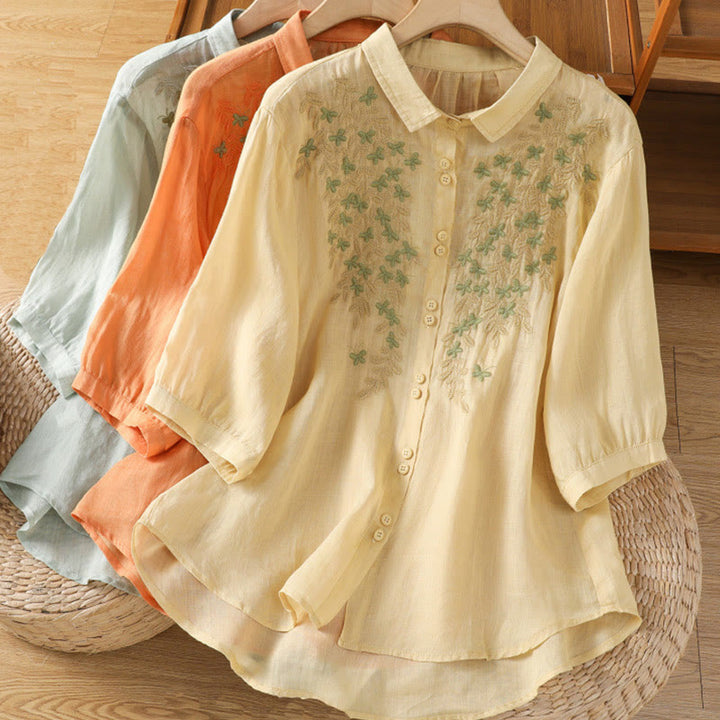Chemise femme à manches mi-longues et boutons en coton brodés de feuilles et de Buddha Stones
