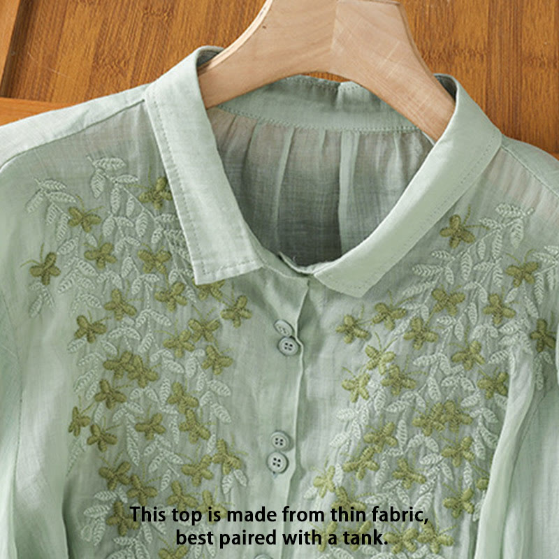 Chemise femme à manches mi-longues et boutons en coton brodés de feuilles et de Buddha Stones