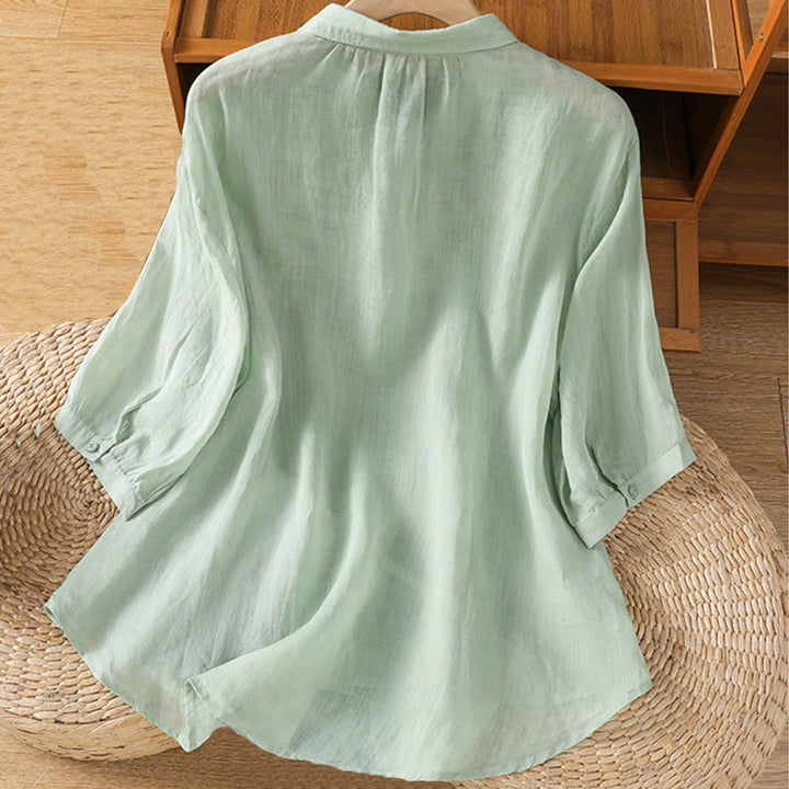 Chemise femme à manches mi-longues et boutons en coton brodés de feuilles et de Buddha Stones