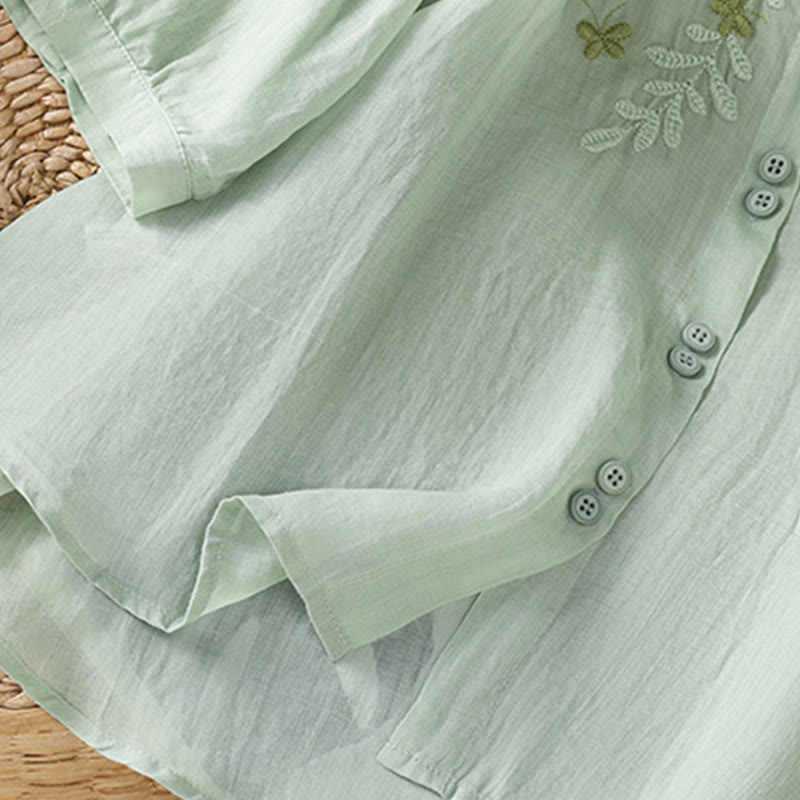 Chemise femme à manches mi-longues et boutons en coton brodés de feuilles et de Buddha Stones