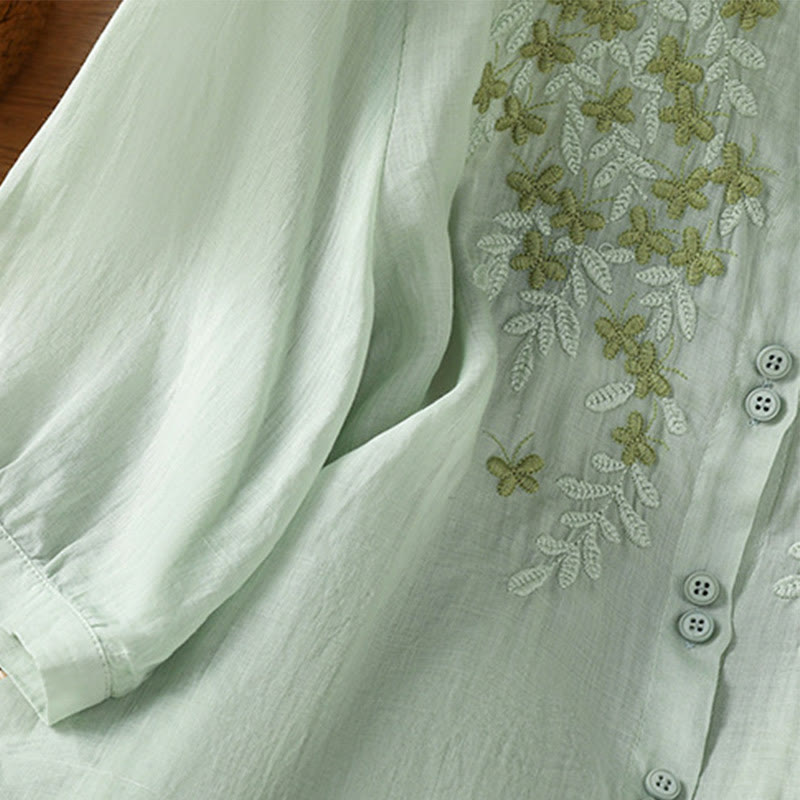 Chemise femme à manches mi-longues et boutons en coton brodés de feuilles et de Buddha Stones