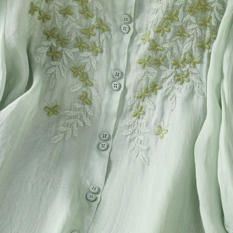 Chemise femme à manches mi-longues et boutons en coton brodés de feuilles et de Buddha Stones