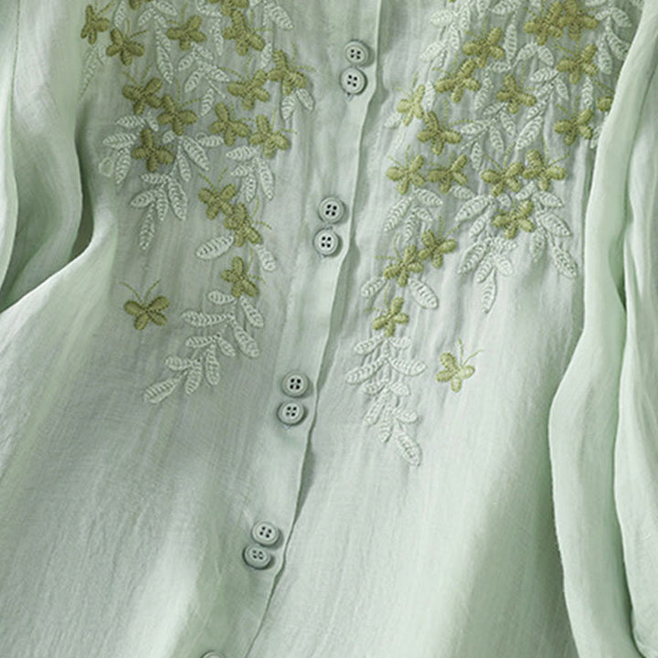 Chemise femme à manches mi-longues et boutons en coton brodés de feuilles et de Buddha Stones