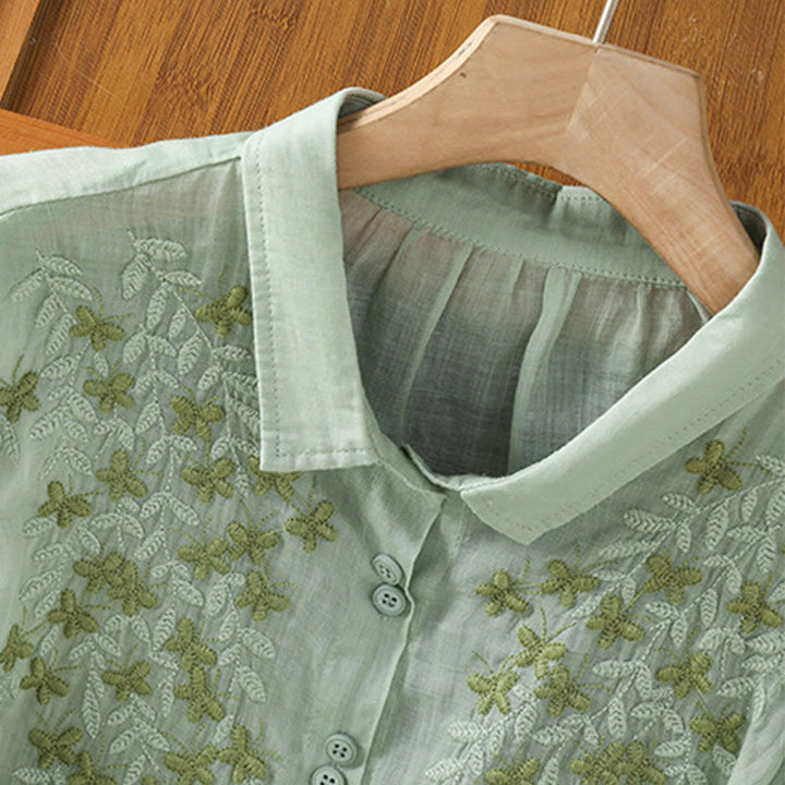 Chemise femme à manches mi-longues et boutons en coton brodés de feuilles et de Buddha Stones