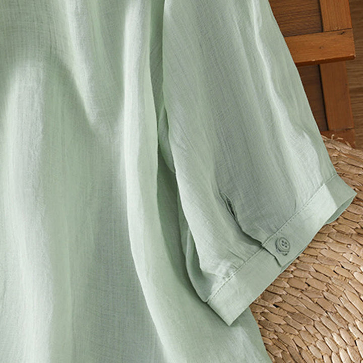 Chemise femme à manches mi-longues et boutons en coton brodés de feuilles et de Buddha Stones