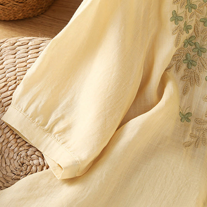 Chemise femme à manches mi-longues et boutons en coton brodés de feuilles et de Buddha Stones
