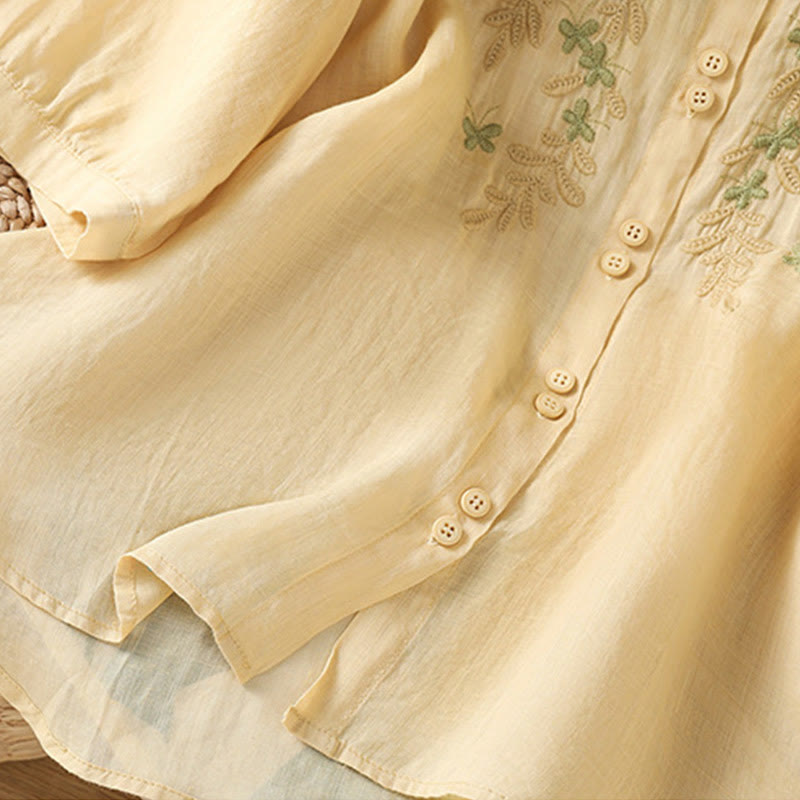 Chemise femme à manches mi-longues et boutons en coton brodés de feuilles et de Buddha Stones