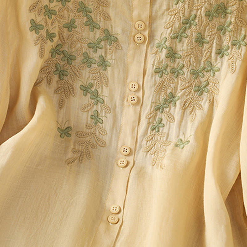 Chemise femme à manches mi-longues et boutons en coton brodés de feuilles et de Buddha Stones