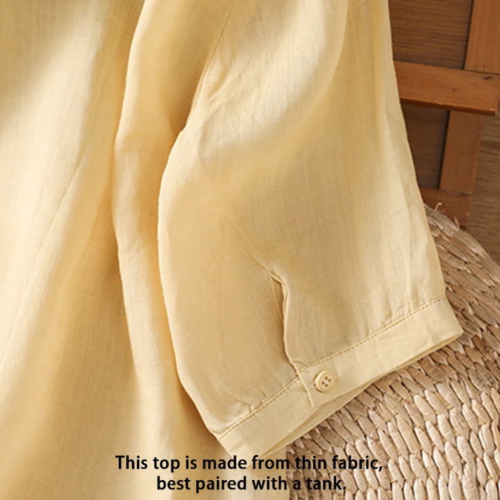 Chemise femme à manches mi-longues et boutons en coton brodés de feuilles et de Buddha Stones