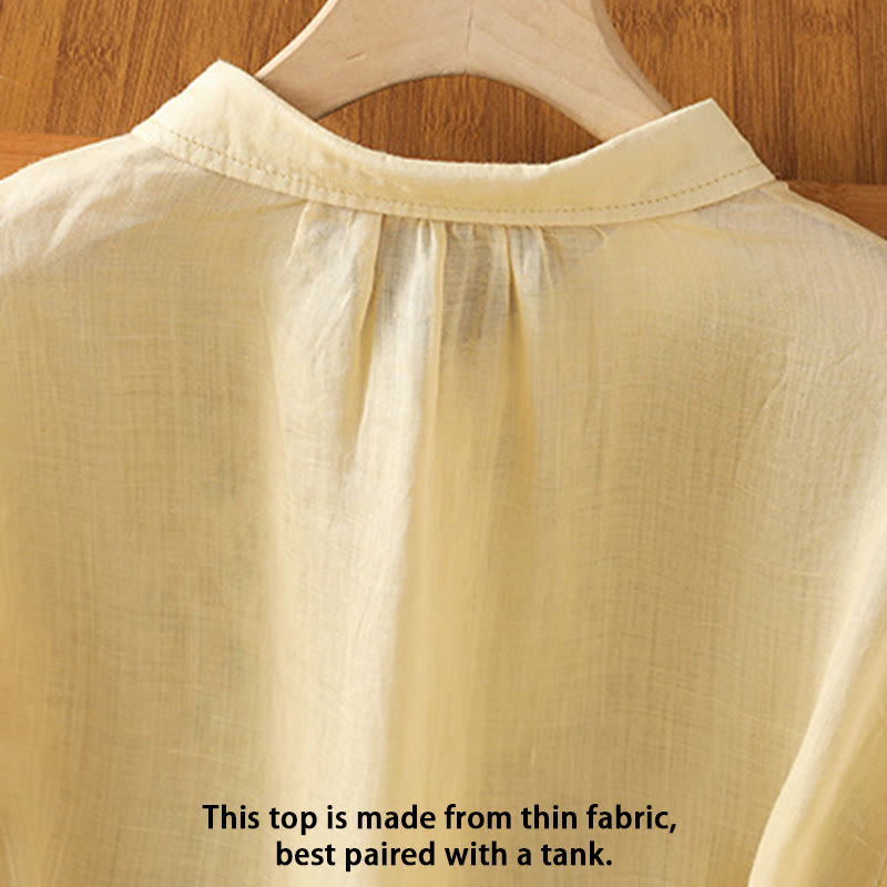 Chemise femme à manches mi-longues et boutons en coton brodés de feuilles et de Buddha Stones