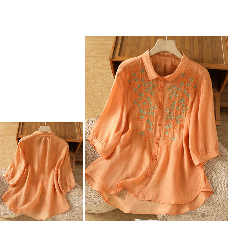 Chemise femme à manches mi-longues et boutons en coton brodés de feuilles et de Buddha Stones
