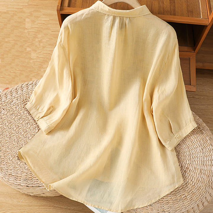 Chemise femme à manches mi-longues et boutons en coton brodés de feuilles et de Buddha Stones