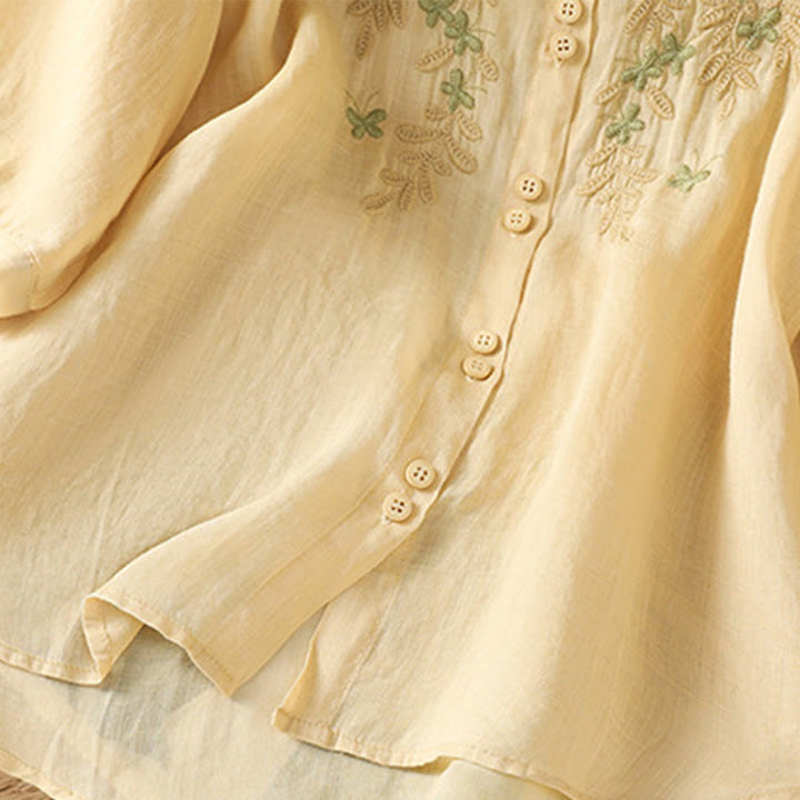 Chemise femme à manches mi-longues et boutons en coton brodés de feuilles et de Buddha Stones