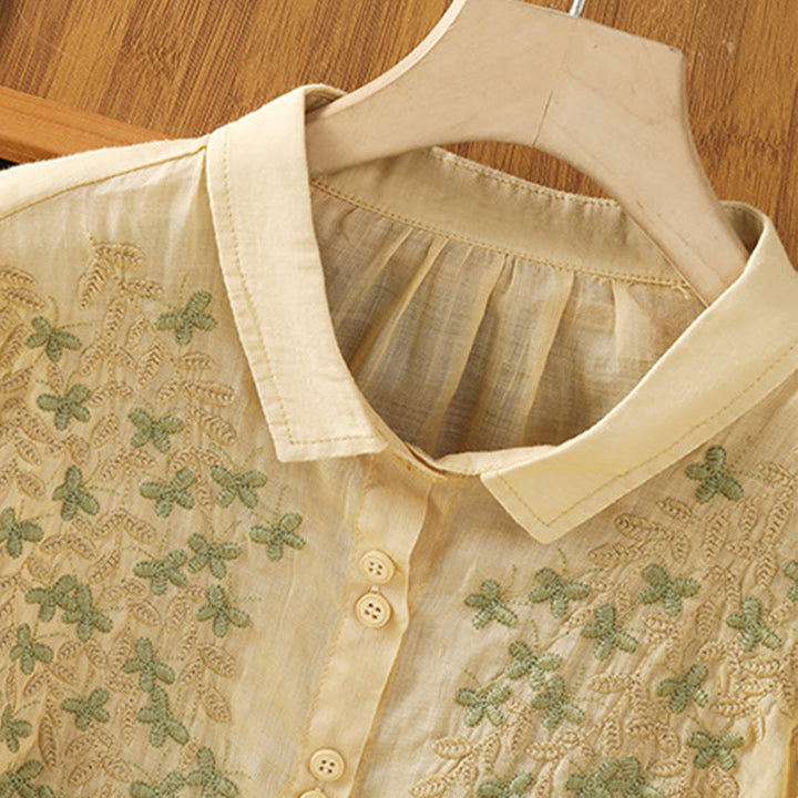 Chemise femme à manches mi-longues et boutons en coton brodés de feuilles et de Buddha Stones