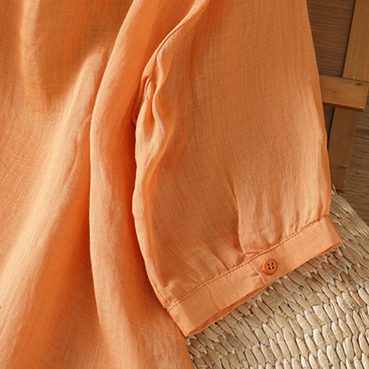 Chemise femme à manches mi-longues et boutons en coton brodés de feuilles et de Buddha Stones