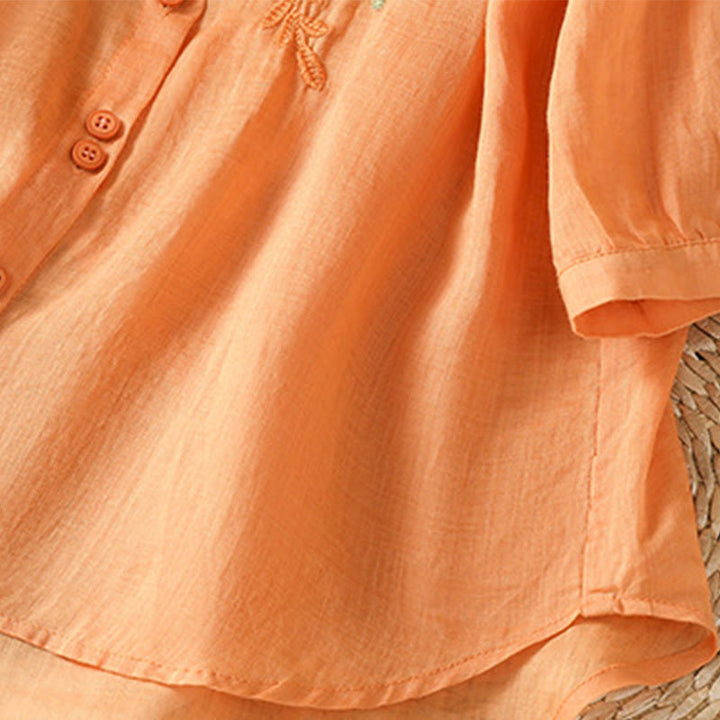 Chemise femme à manches mi-longues et boutons en coton brodés de feuilles et de Buddha Stones