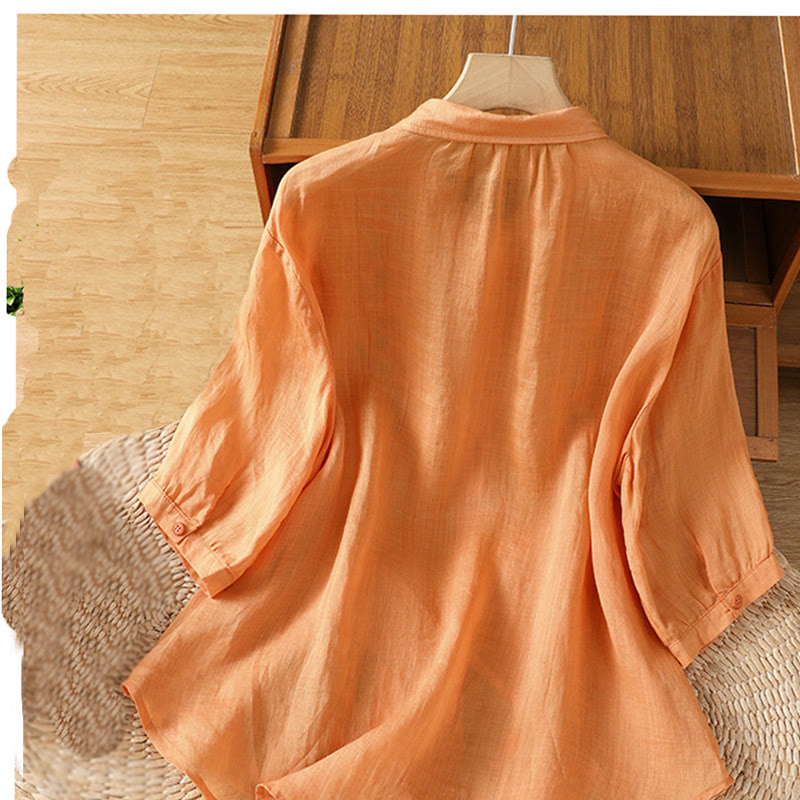 Chemise femme à manches mi-longues et boutons en coton brodés de feuilles et de Buddha Stones