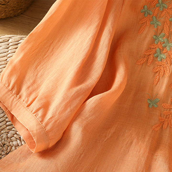 Chemise femme à manches mi-longues et boutons en coton brodés de feuilles et de Buddha Stones