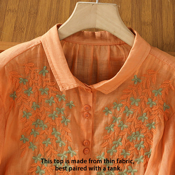 Chemise femme à manches mi-longues et boutons en coton brodés de feuilles et de Buddha Stones