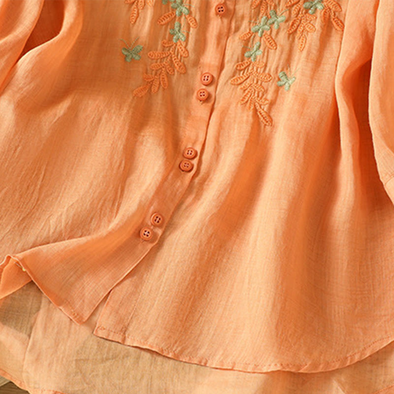 Chemise femme à manches mi-longues et boutons en coton brodés de feuilles et de Buddha Stones