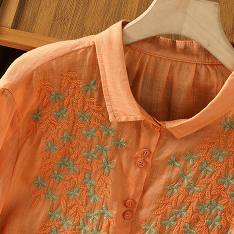 Chemise femme à manches mi-longues et boutons en coton brodés de feuilles et de Buddha Stones