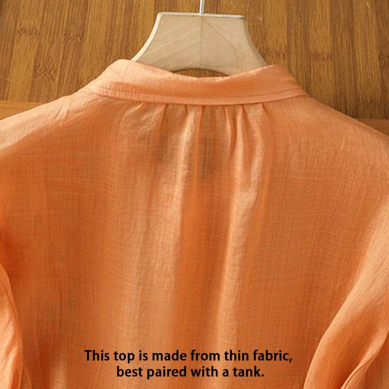 Chemise femme à manches mi-longues et boutons en coton brodés de feuilles et de Buddha Stones