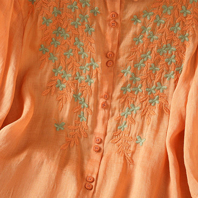 Chemise femme à manches mi-longues et boutons en coton brodés de feuilles et de Buddha Stones