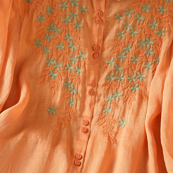 Chemise femme à manches mi-longues et boutons en coton brodés de feuilles et de Buddha Stones
