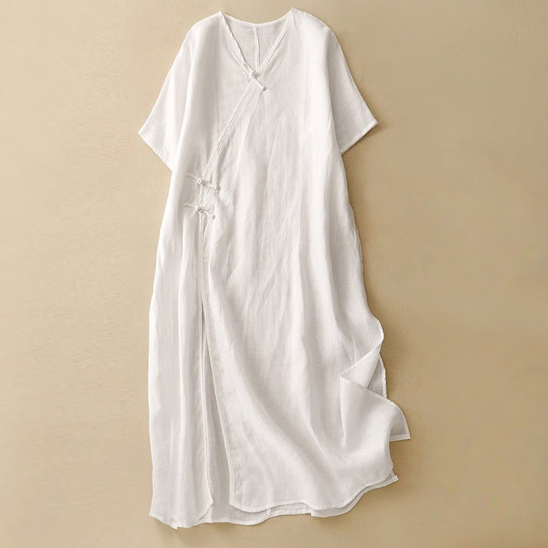 Robe mi-longue d'été en coton et lin à col en V et boutons grenouille pour femme