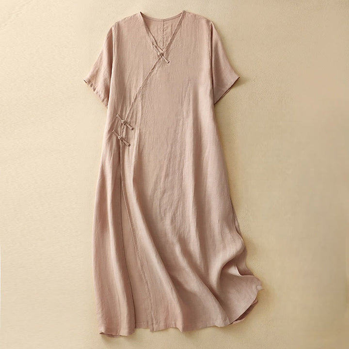 Robe mi-longue d'été en coton et lin à col en V et boutons grenouille pour femme