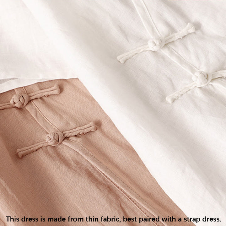 Robe mi-longue d'été en coton et lin à col en V et boutons grenouille pour femme
