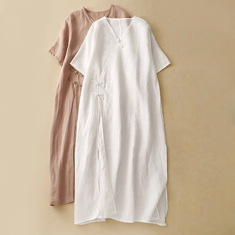 Robe mi-longue d'été en coton et lin à col en V et boutons grenouille pour femme