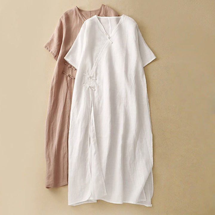 Robe mi-longue d'été en coton et lin à col en V et boutons grenouille pour femme