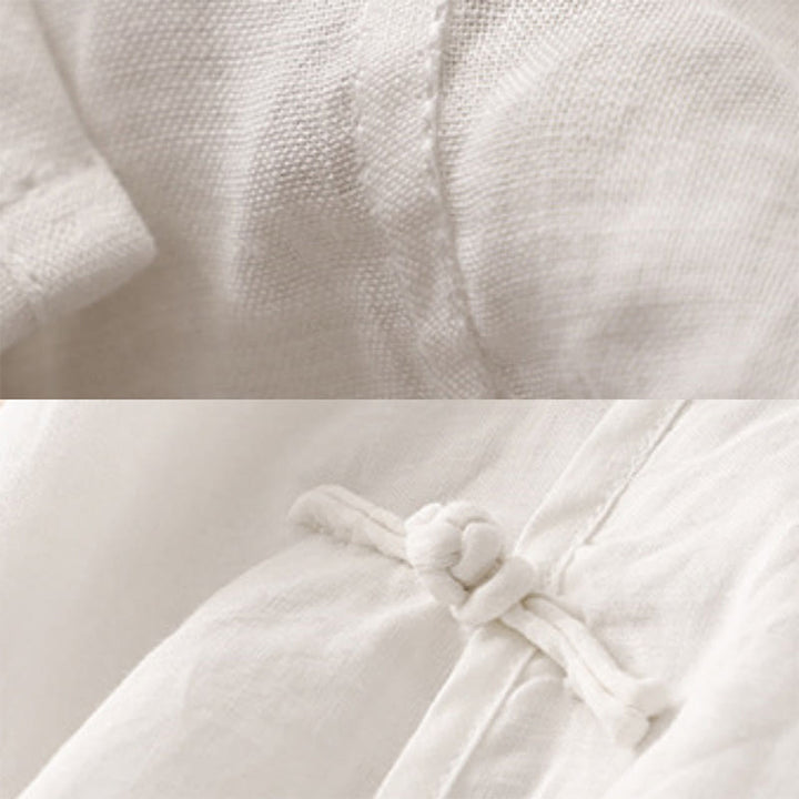 Robe mi-longue d'été en coton et lin à col en V et boutons grenouille pour femme